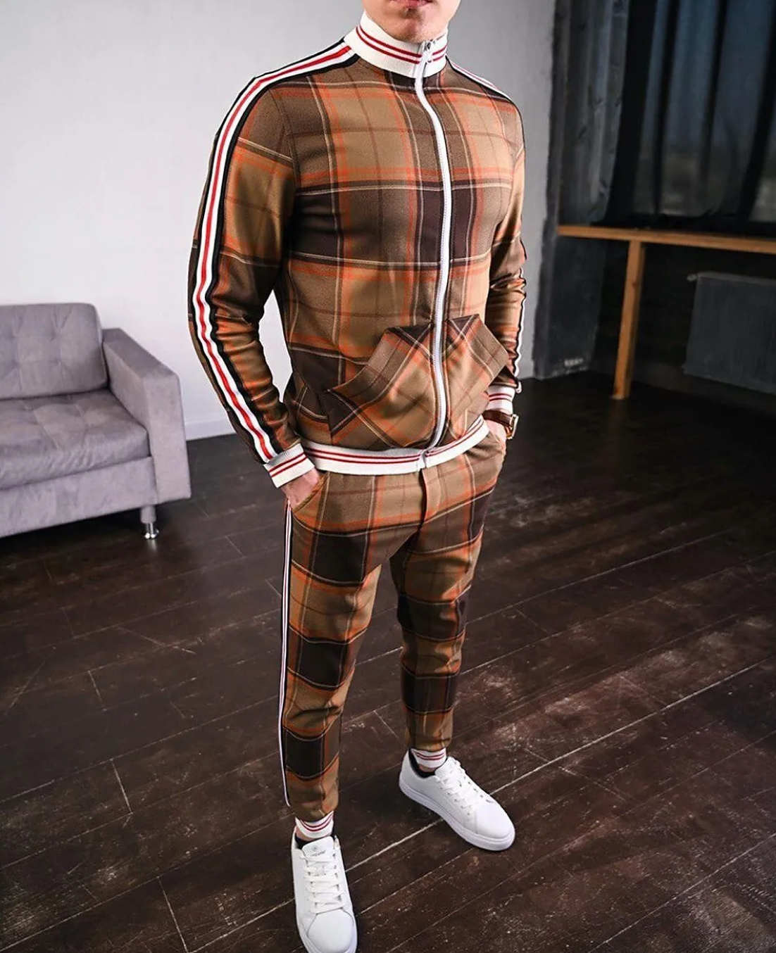 Conjunto de treino masculino padrão xadrez 2 peças slim fit gola alta