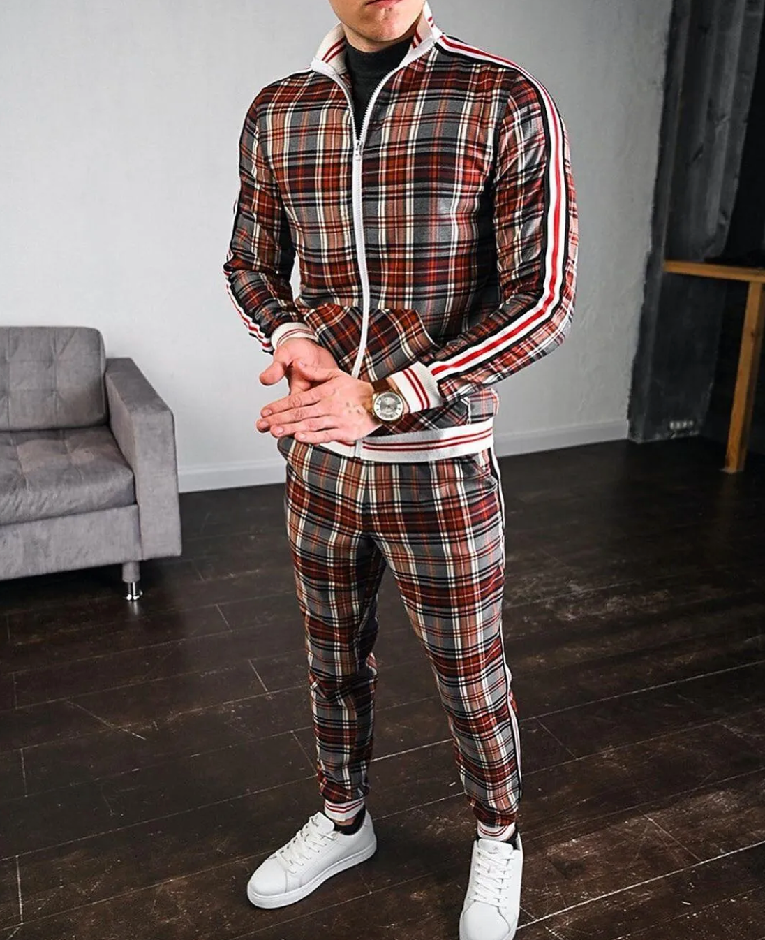 Conjunto de treino masculino padrão xadrez 2 peças slim fit gola alta