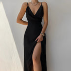 Vestido longo feminino decote cruzado com fenda lateral