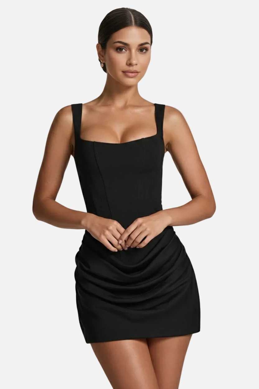Mini vestido feminino decote quadrado com saia franzida e drapeada