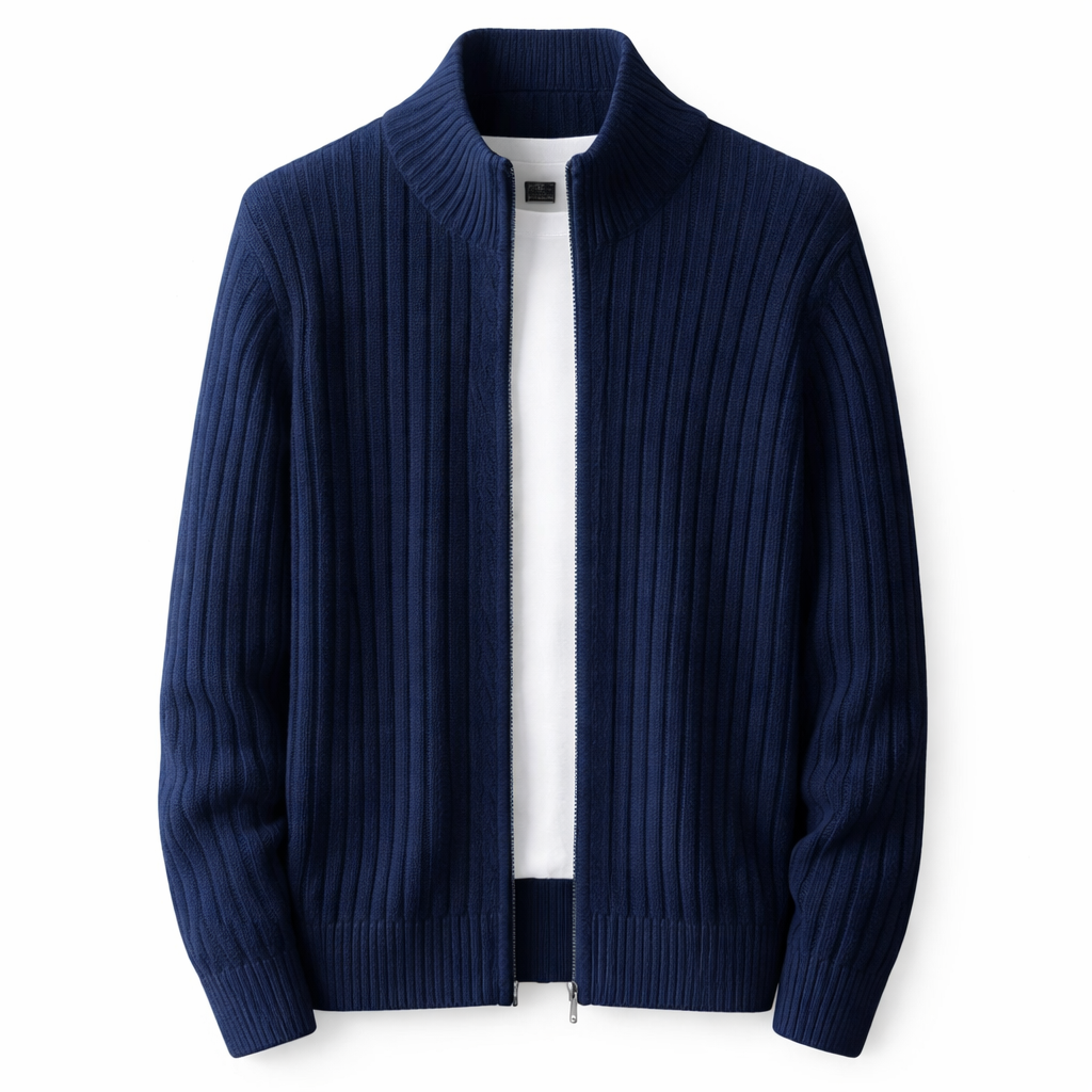 Cardigan tricot homem com fecho zip e gola alta corte regular