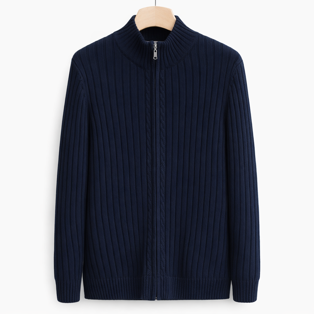 Cardigan tricot homem com fecho zip e gola alta corte regular