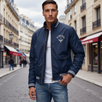 Bomber jacket masculina leve com zíper e acabamentos contrastantes