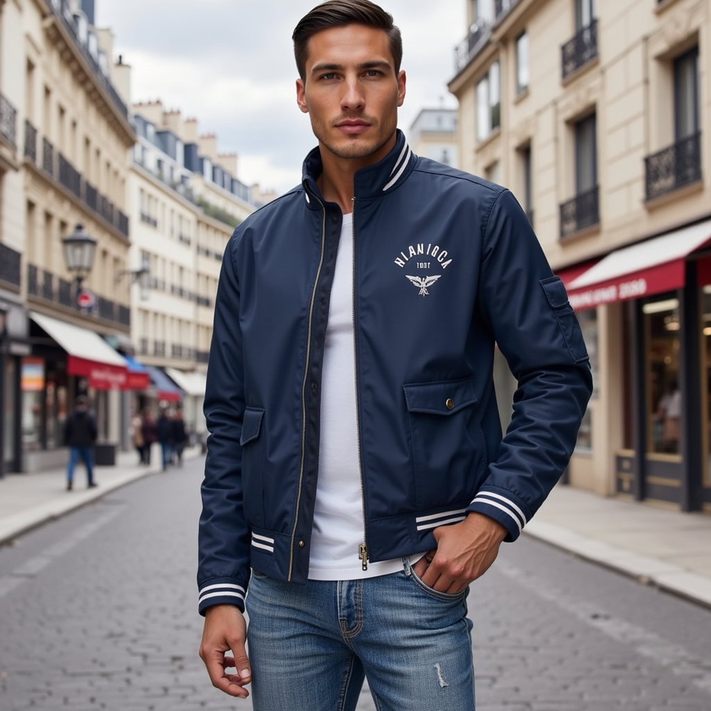 Bomber jacket masculina leve com zíper e acabamentos contrastantes