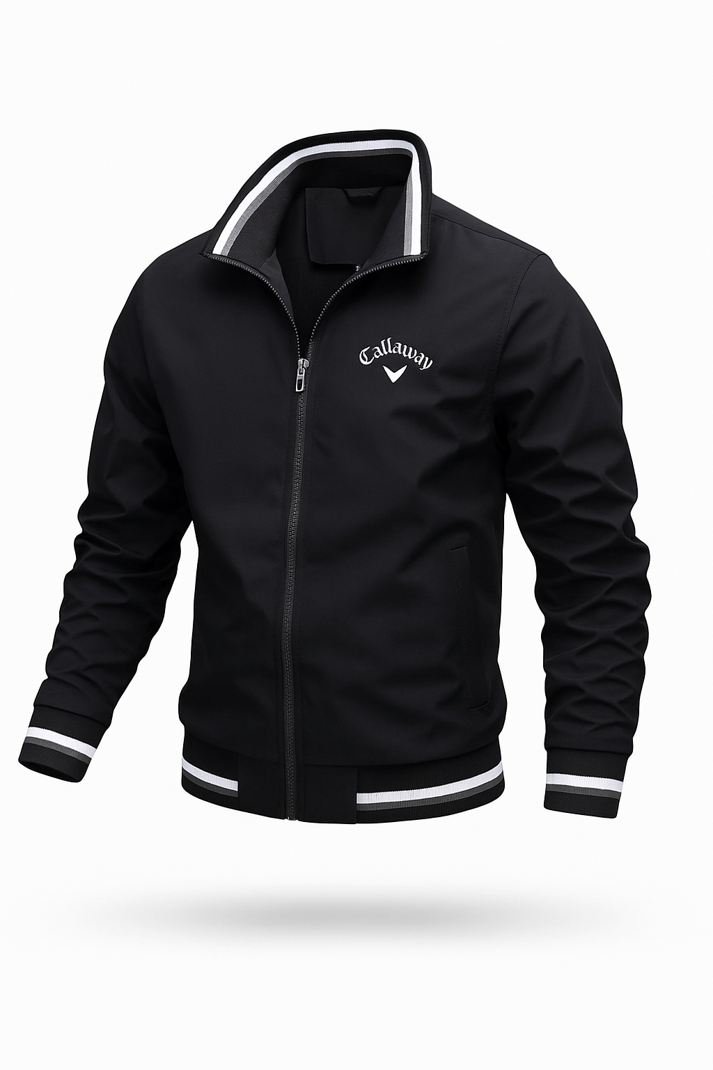 Bomber jacket masculina leve com zíper e acabamentos contrastantes