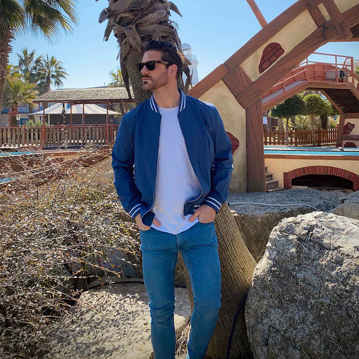 Jaqueta bomber masculina leve com fecho de correr estilo casual