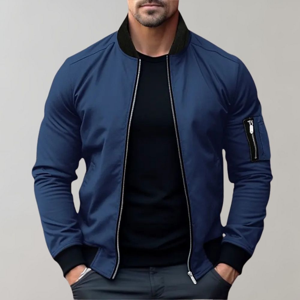 Bomber jacket homem casual com fecho de correr e gola canelada