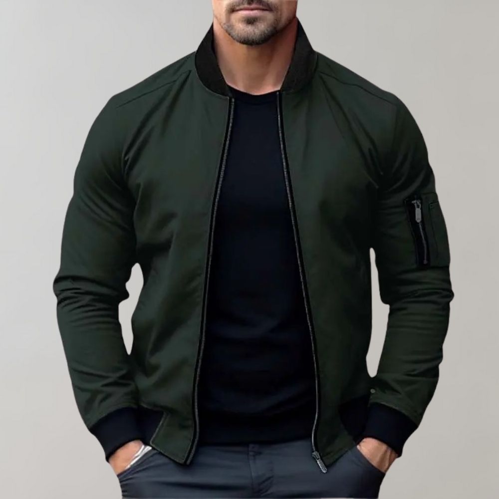 Bomber jacket homem casual com fecho de correr e gola canelada