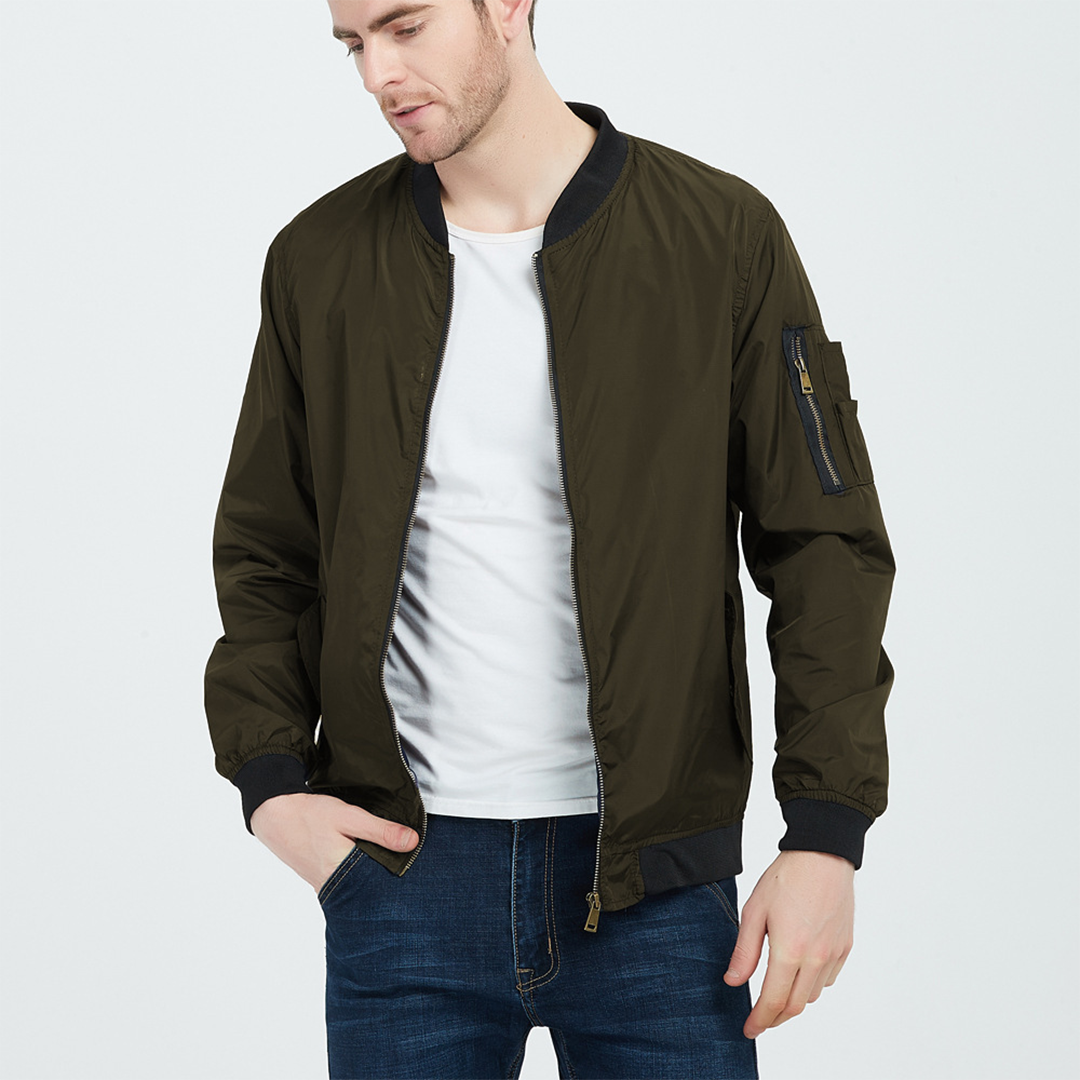 Bomber jacket leve masculina com fecho de correr, estilo vintage casual