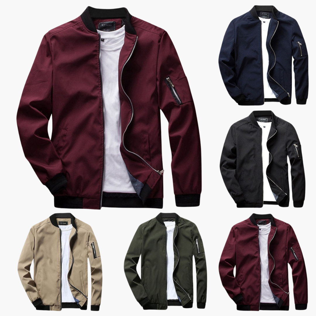 Jaqueta bomber masculina com fecho de correr e punhos canelados