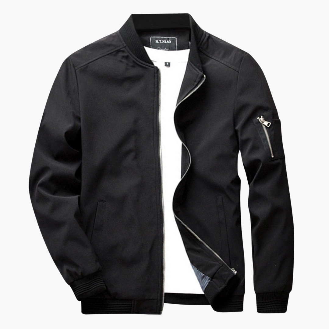 Jaqueta bomber masculina com fecho de correr e punhos canelados