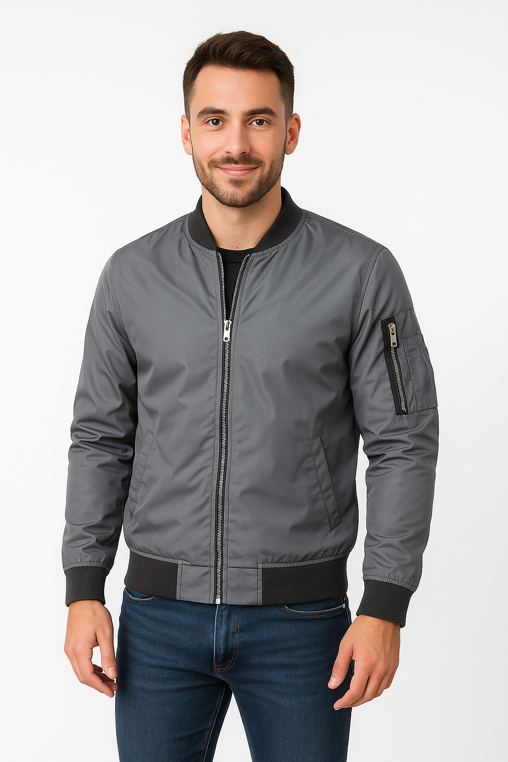 Bomber jacket masculina corta-vento com fecho de correr, corte clássico leve