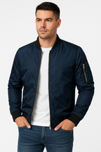 Bomber jacket masculina corta-vento com fecho de correr, corte clássico leve