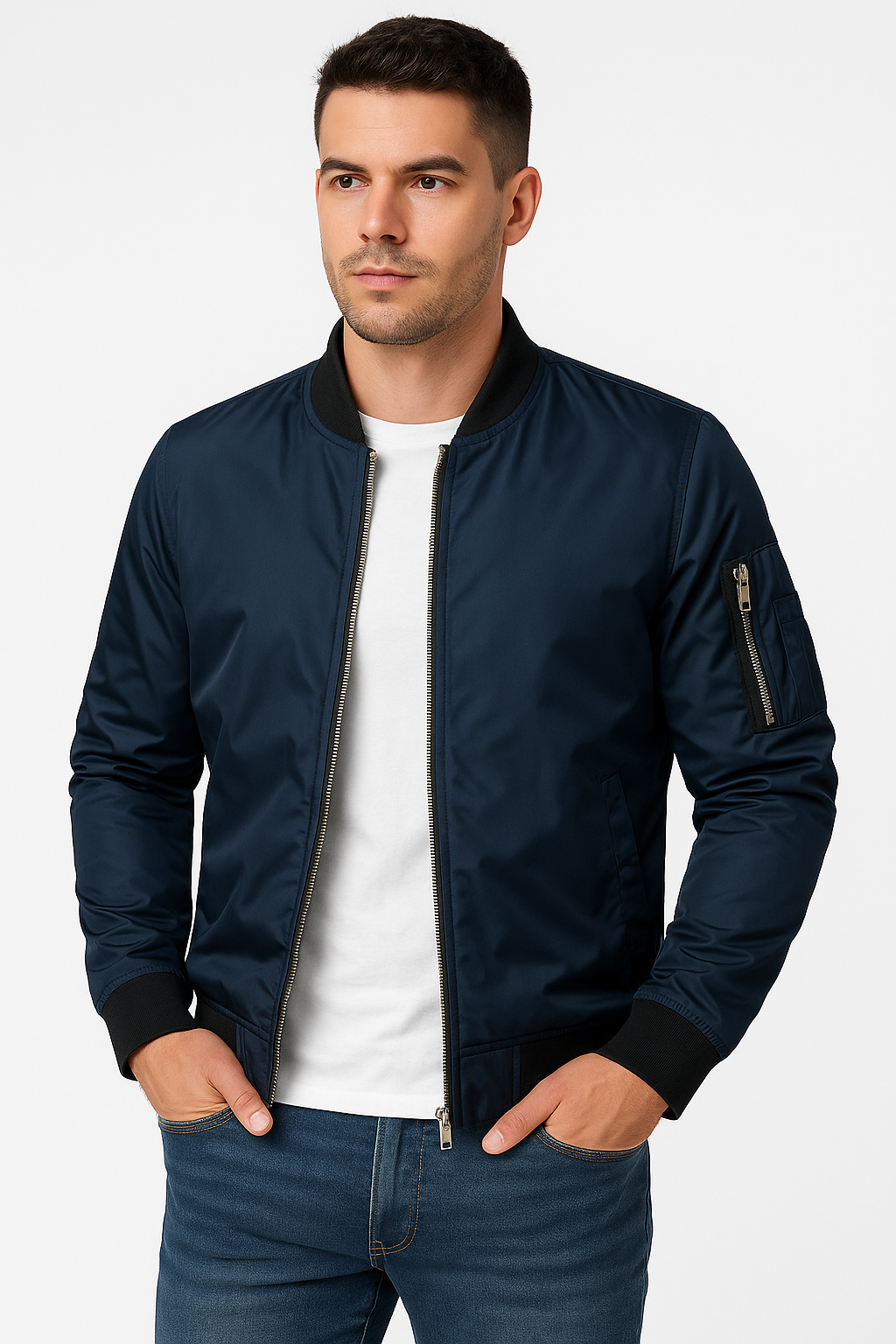 Bomber jacket masculina corta-vento com fecho de correr, corte clássico leve