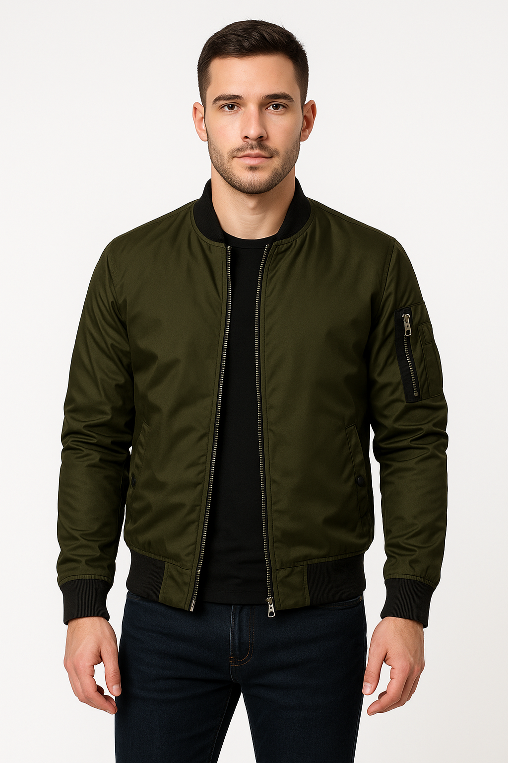 Bomber jacket masculina corta-vento com fecho de correr, corte clássico leve