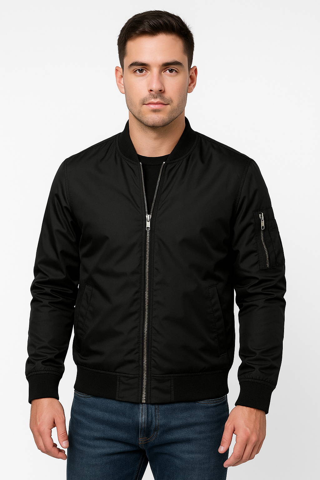 Bomber jacket masculina corta-vento com fecho de correr, corte clássico leve
