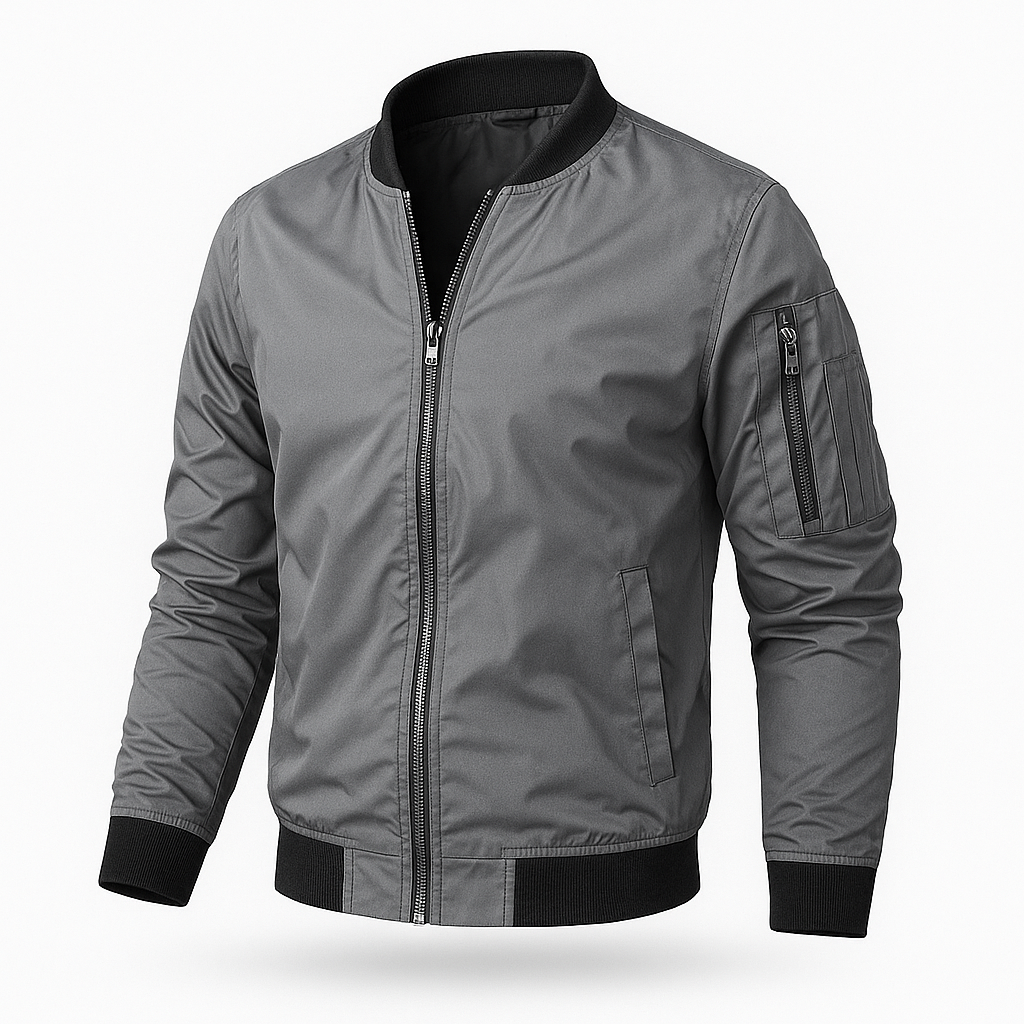 Bomber jacket masculina corta-vento com fecho de correr, corte clássico leve