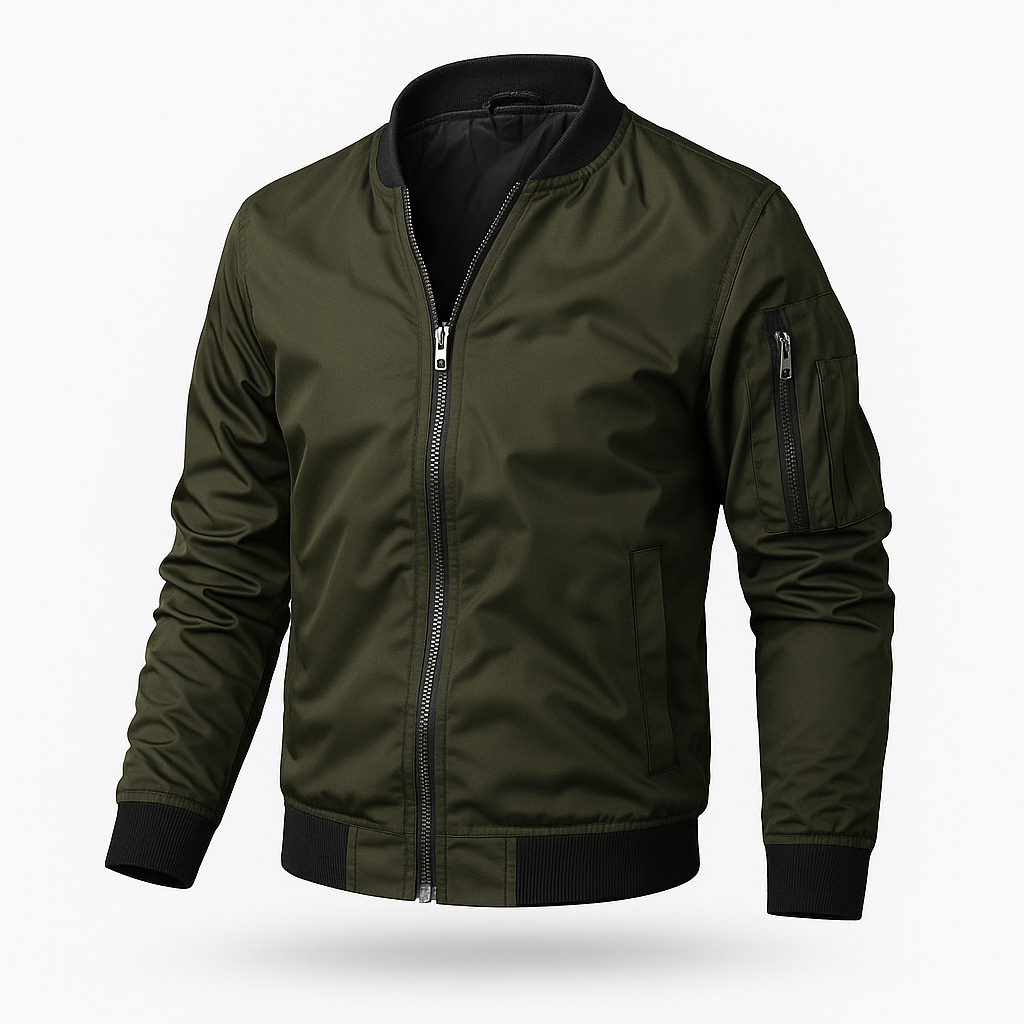 Bomber jacket masculina corta-vento com fecho de correr, corte clássico leve