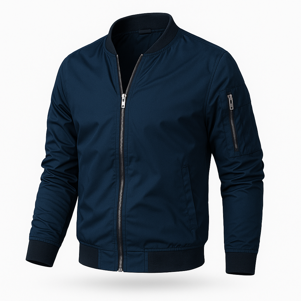 Bomber jacket masculina corta-vento com fecho de correr, corte clássico leve