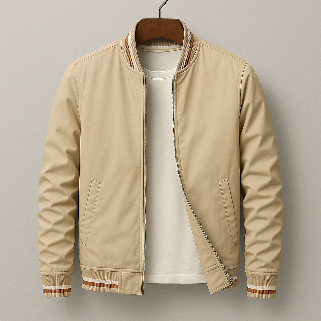 Bomber jacket homem com fecho de correr e acabamentos canelados design minimalista