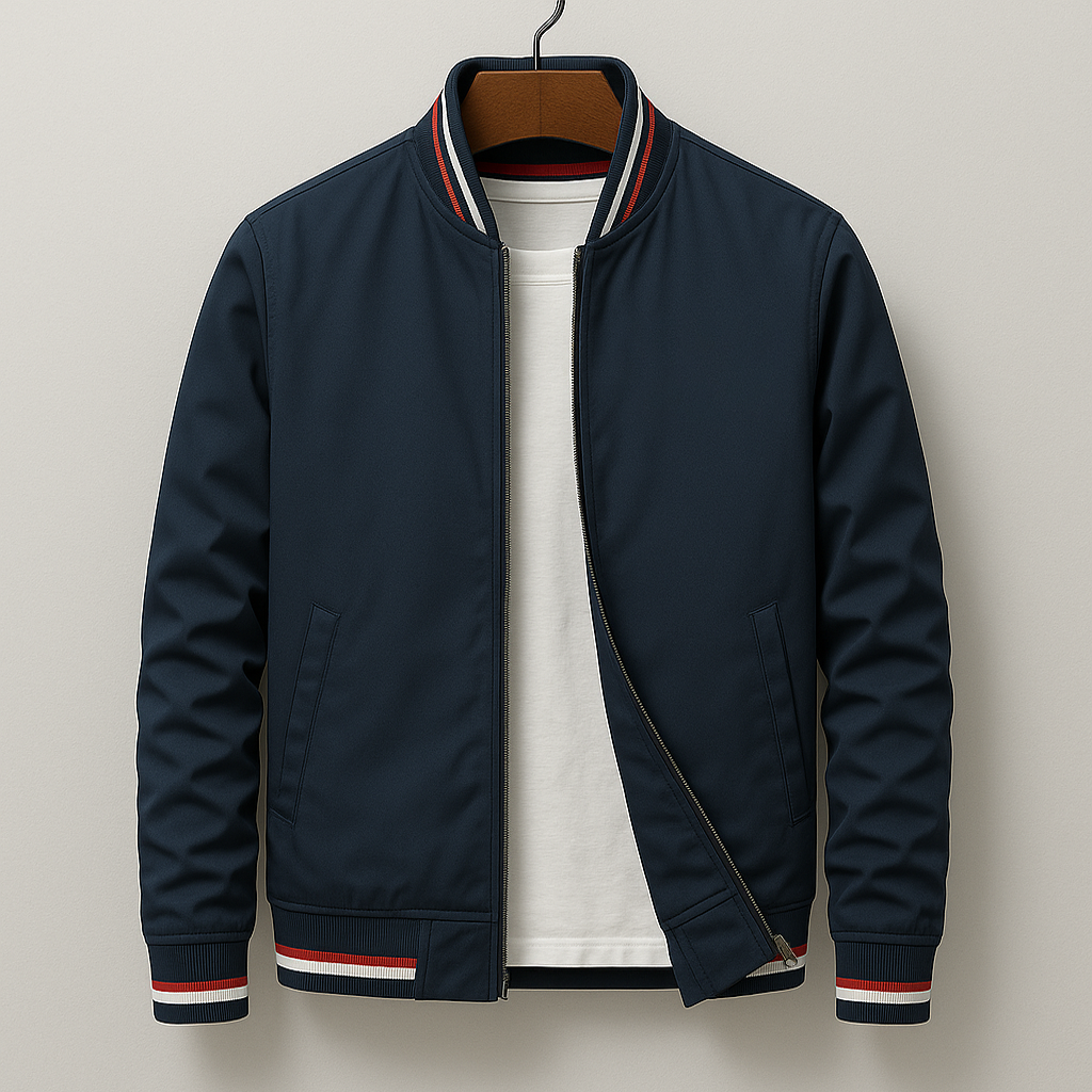 Bomber jacket homem com fecho de correr e acabamentos canelados design minimalista