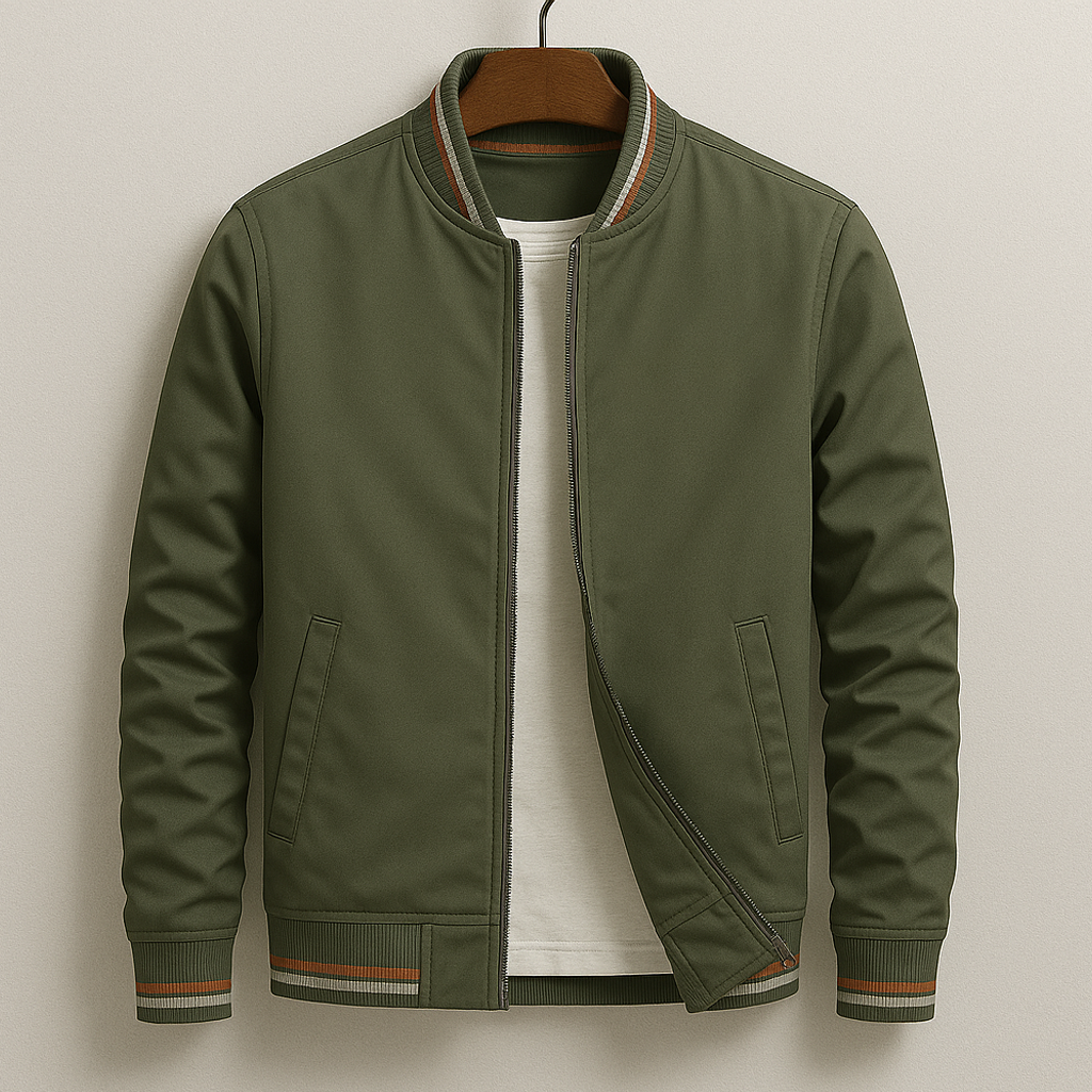 Bomber jacket homem com fecho de correr e acabamentos canelados design minimalista