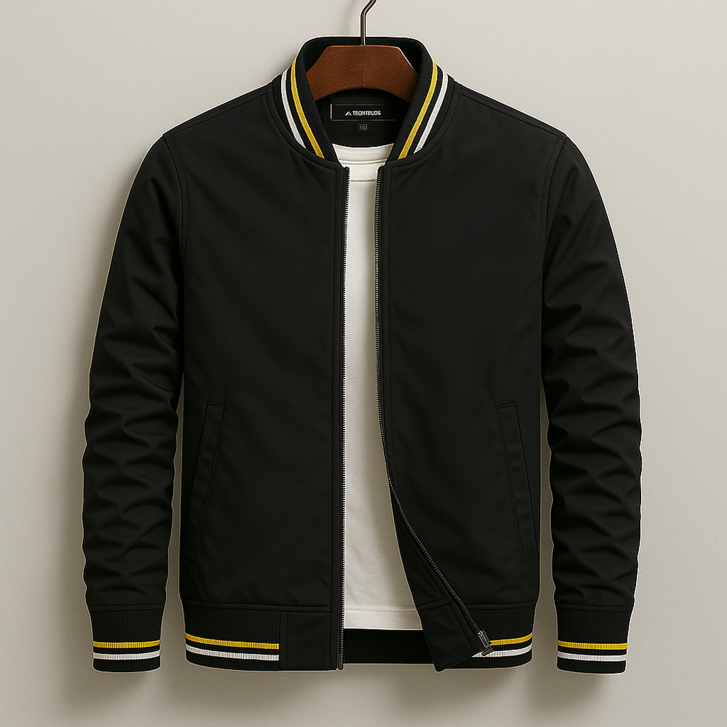 Bomber jacket homem com fecho de correr e acabamentos canelados design minimalista
