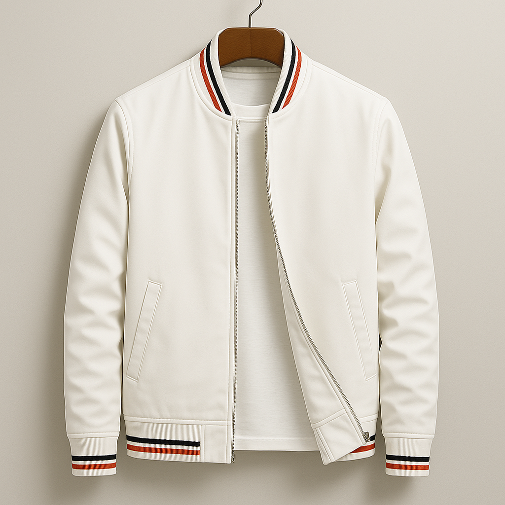 Bomber jacket homem com fecho de correr e acabamentos canelados design minimalista