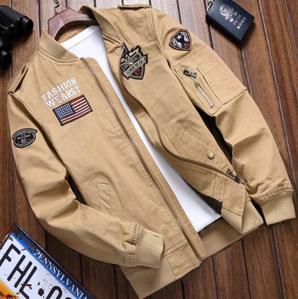 Bomber jacket homem com fecho de correr e bolsos laterais
