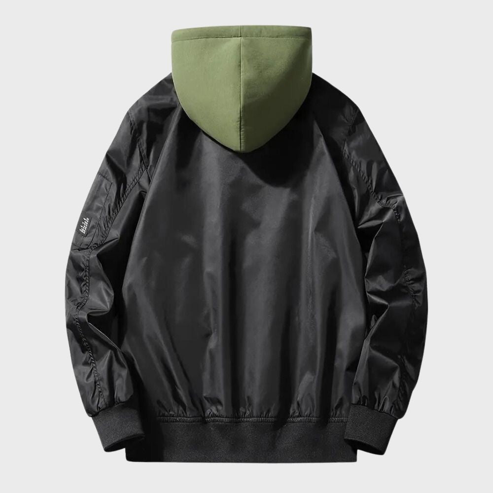 Bomber homem com capuz corta-vento fecho zíper