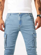 Calças cargo denim masculinas em várias cores cinza caqui azul e preto