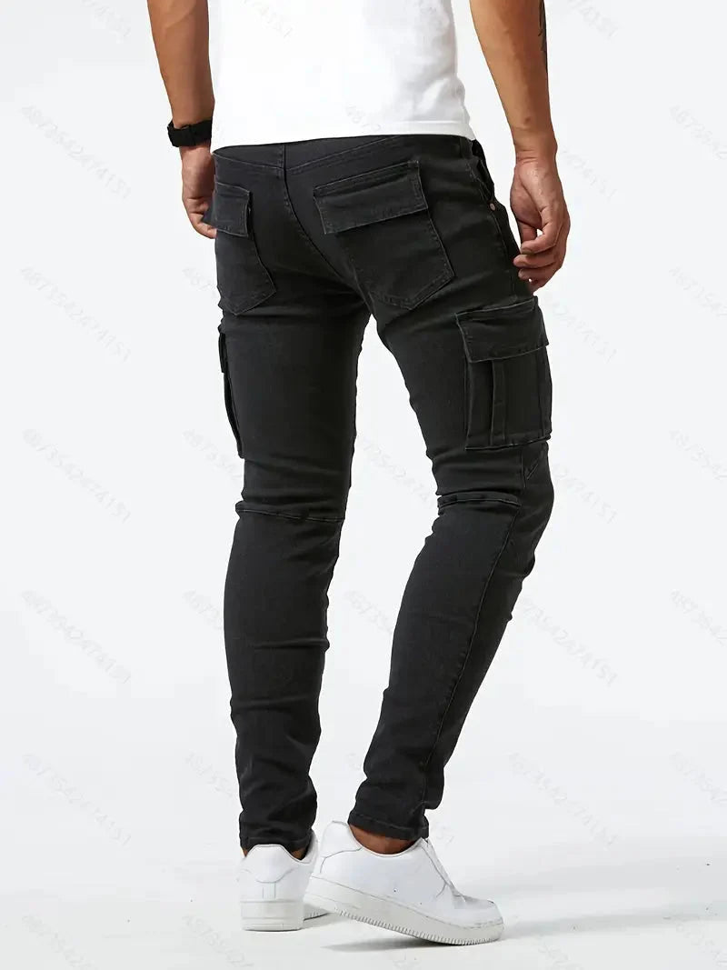 Calças cargo denim masculinas em várias cores cinza caqui azul e preto