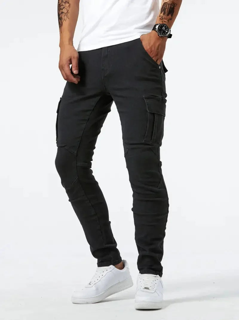 Calças cargo denim masculinas em várias cores cinza caqui azul e preto