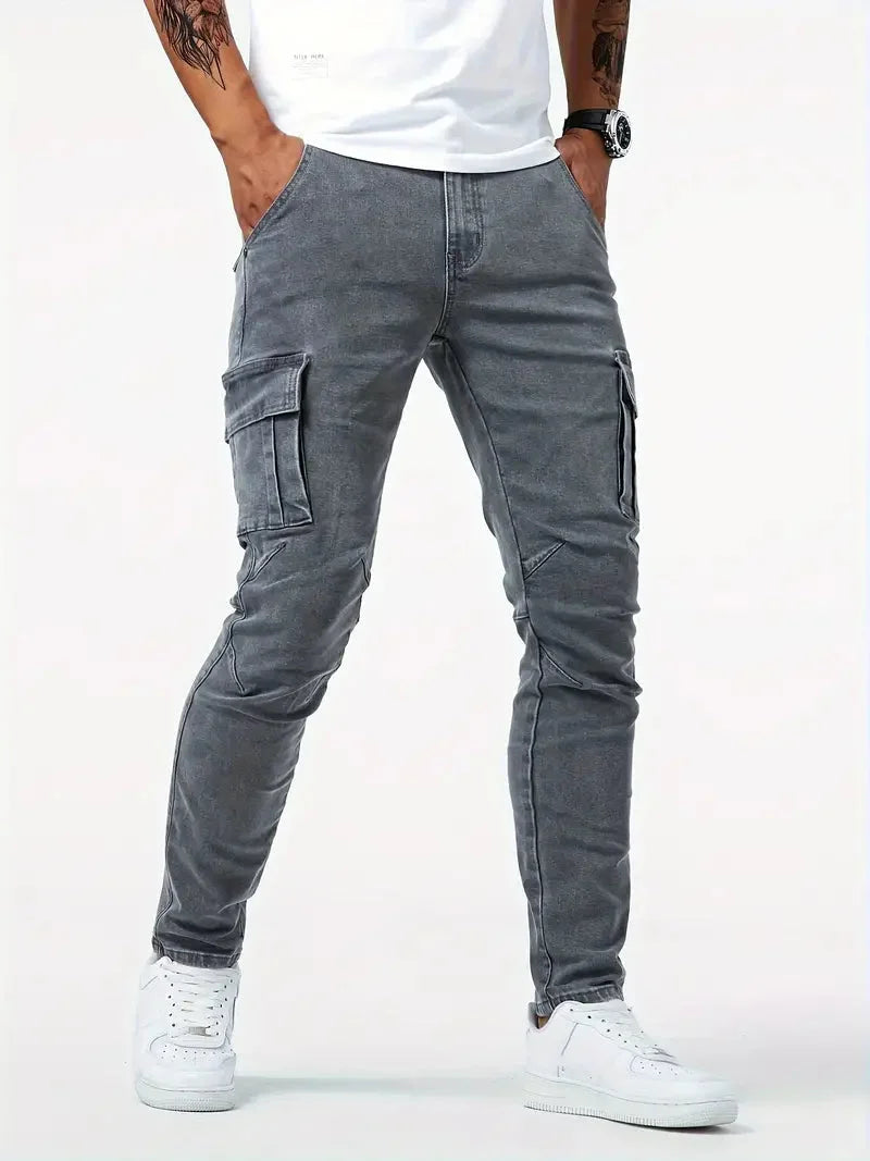 Calças cargo denim masculinas em várias cores cinza caqui azul e preto