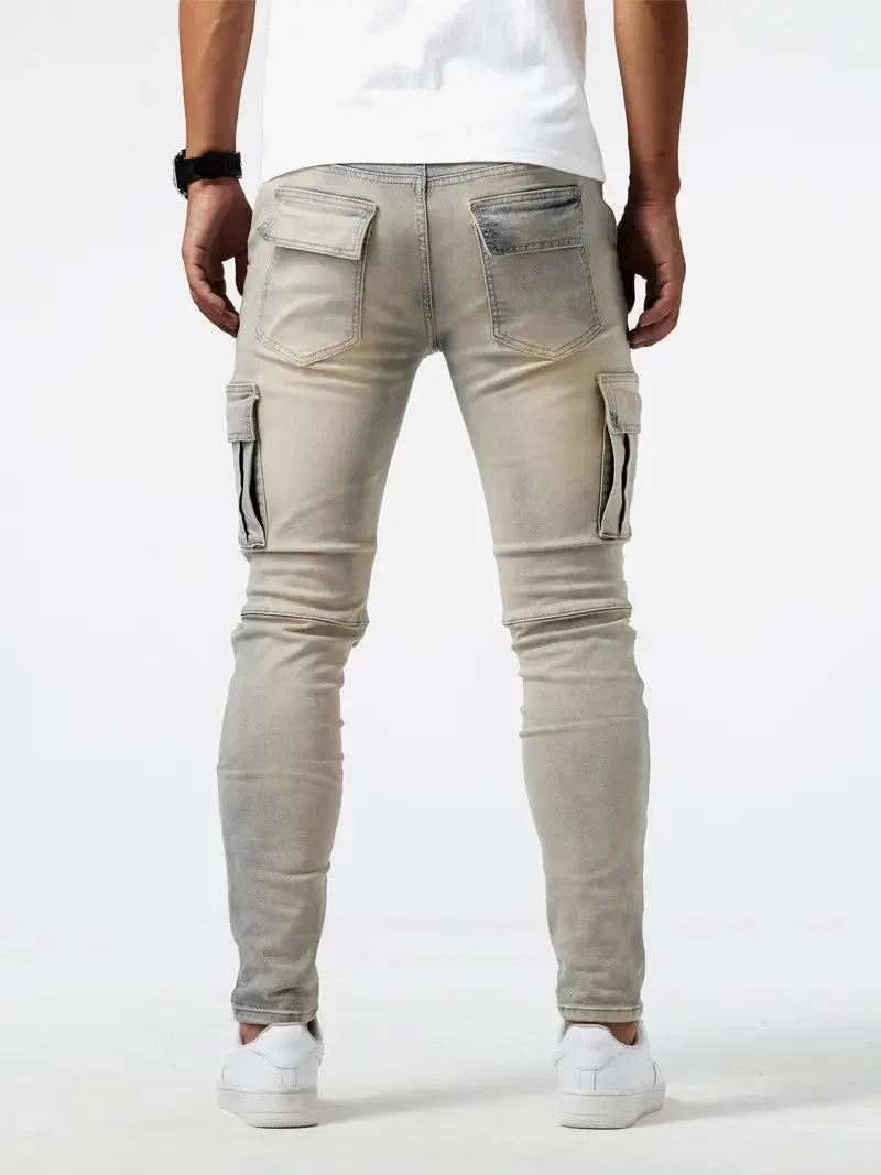 Calças cargo denim masculinas em várias cores cinza caqui azul e preto
