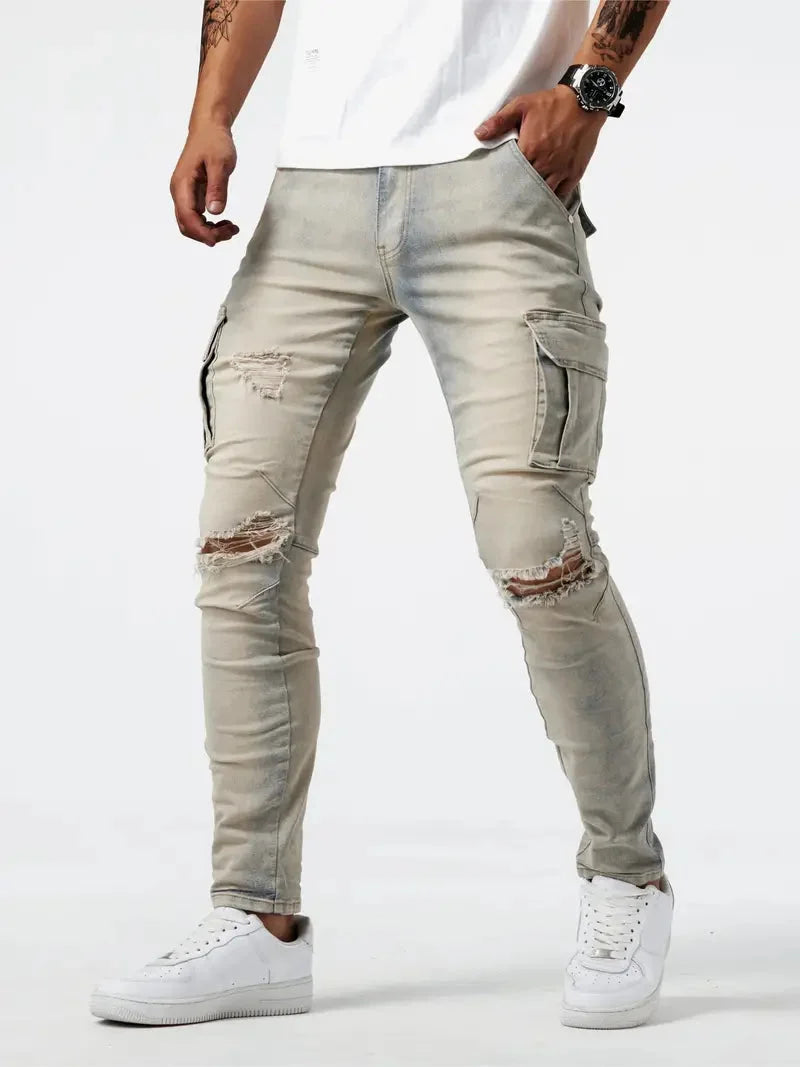 Calças cargo denim masculinas em várias cores cinza caqui azul e preto