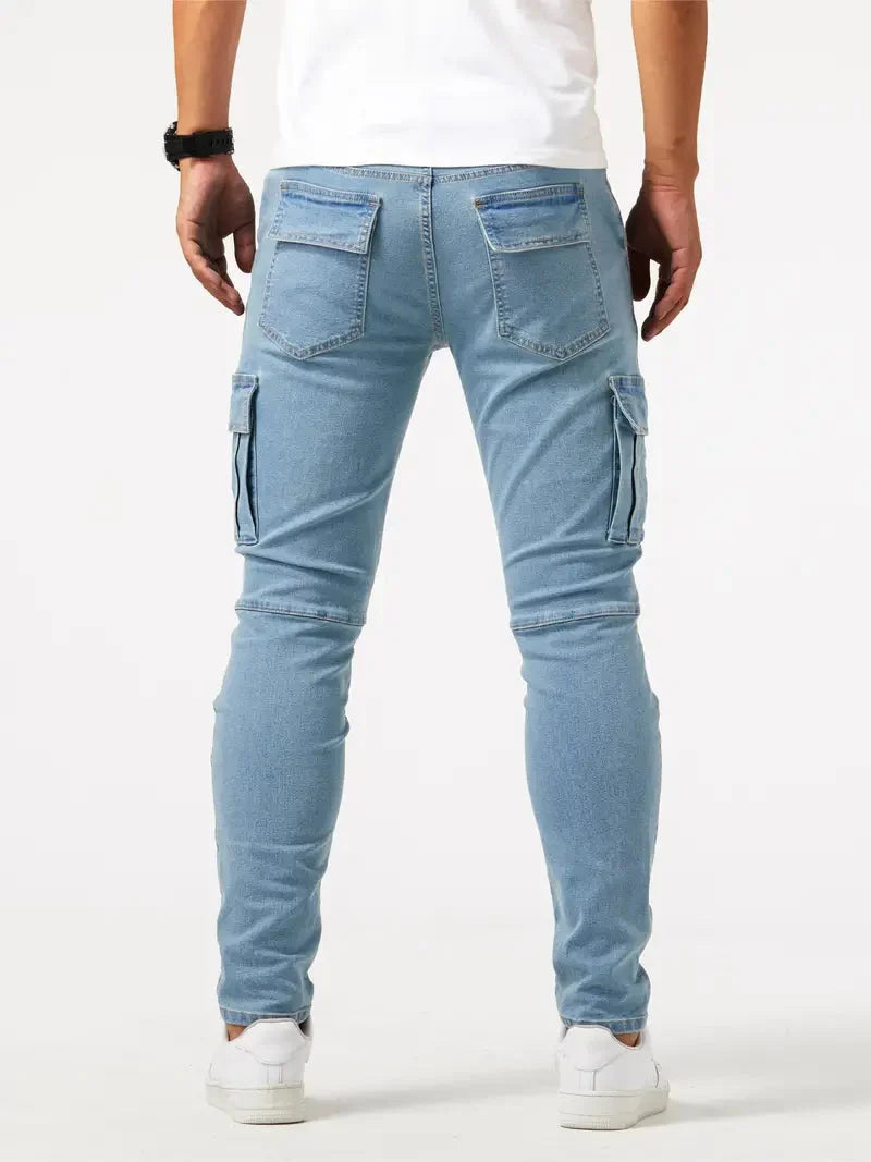 Calças cargo denim masculinas em várias cores cinza caqui azul e preto