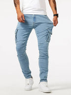 Calças cargo denim masculinas em várias cores cinza caqui azul e preto
