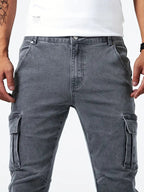 Calças cargo denim masculinas em várias cores cinza caqui azul e preto