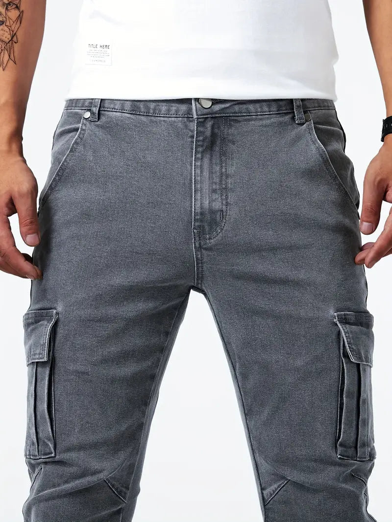 Calças cargo denim masculinas em várias cores cinza caqui azul e preto