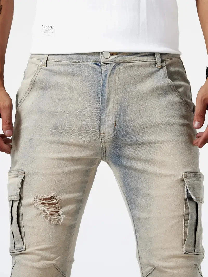 Calças cargo denim masculinas em várias cores cinza caqui azul e preto