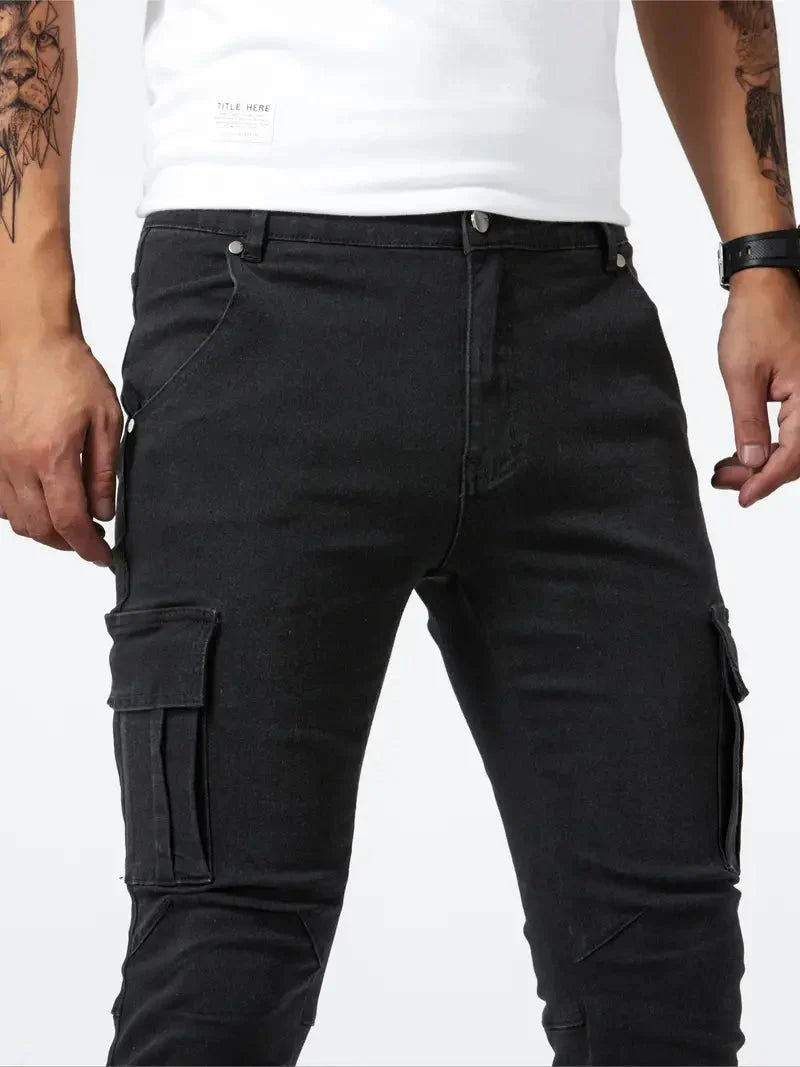 Calças cargo denim masculinas em várias cores cinza caqui azul e preto