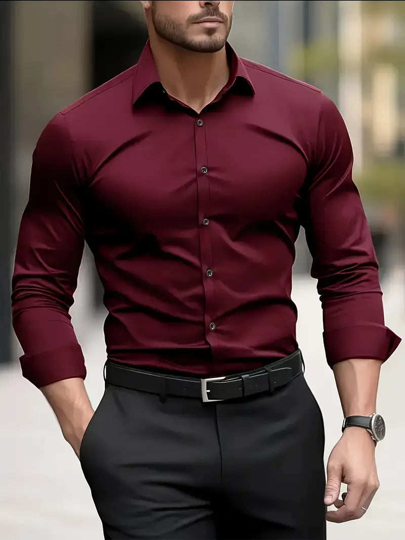 Camisa masculina slim fit sem passar a ferro com botões e colarinho estruturado