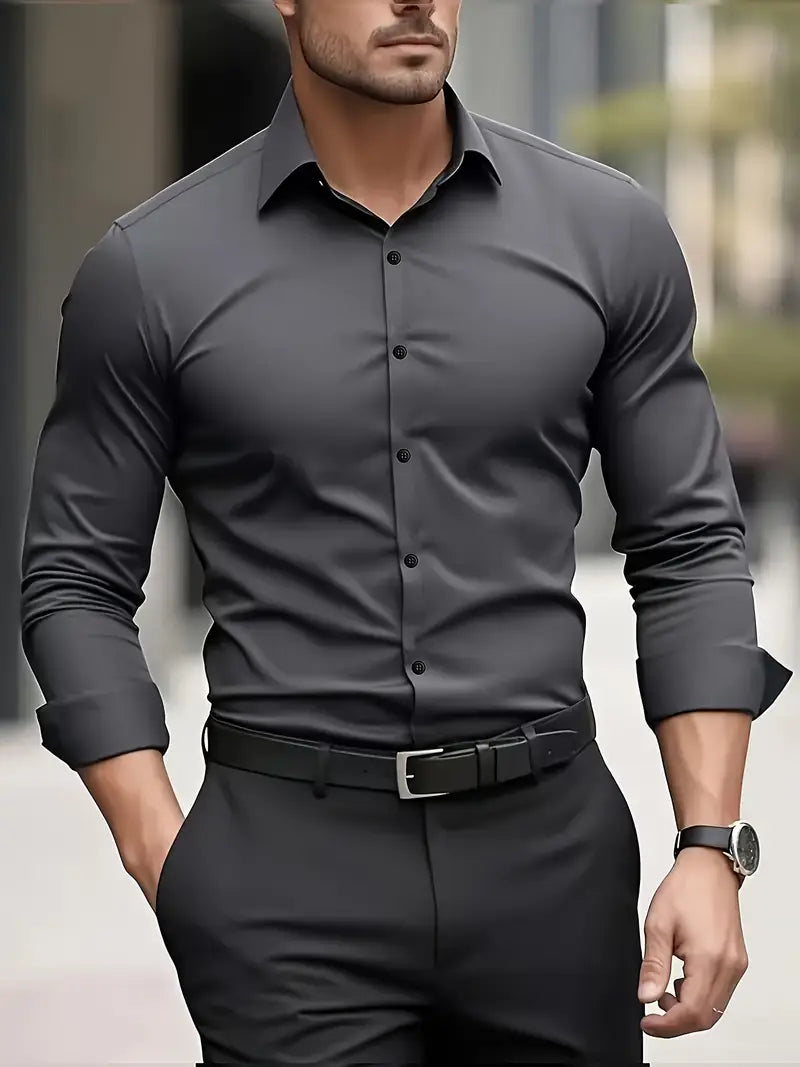 Camisa masculina slim fit sem passar a ferro com botões e colarinho estruturado