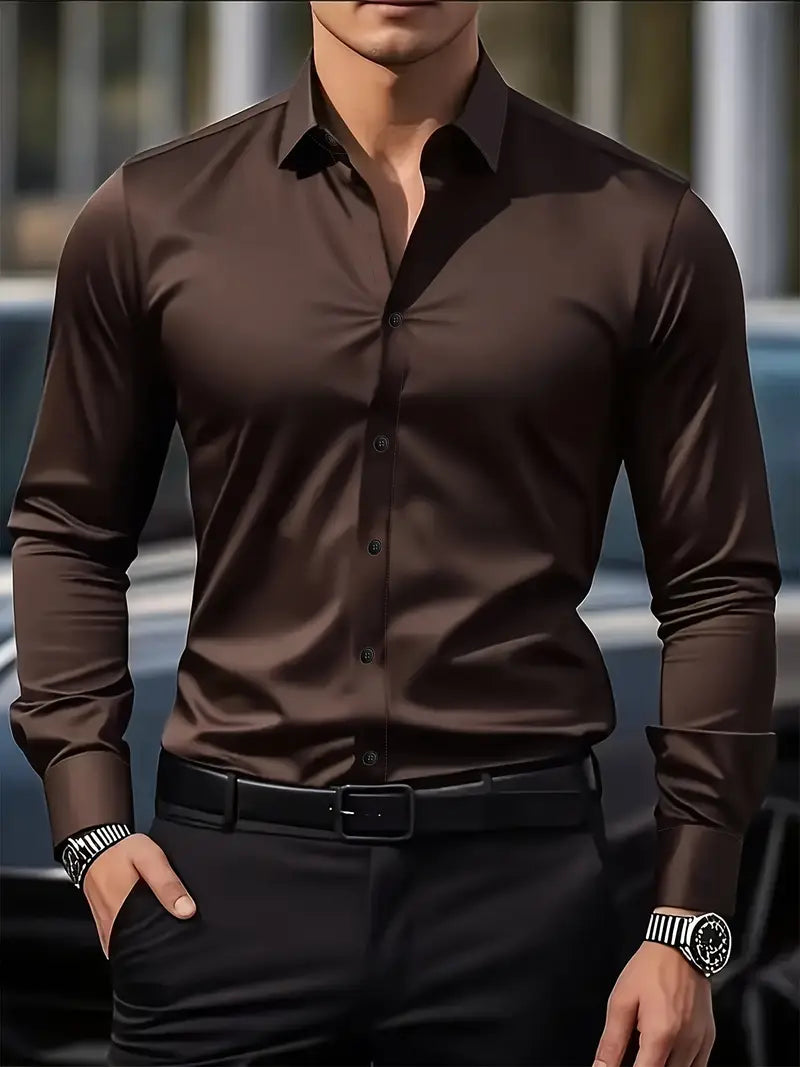 Camisa masculina slim fit sem passar a ferro com botões e colarinho estruturado