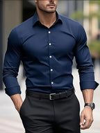 Camisa masculina slim fit sem passar a ferro com botões e colarinho estruturado