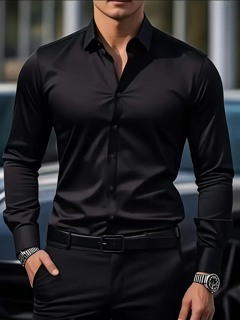 Camisa masculina slim fit sem passar a ferro com botões e colarinho estruturado