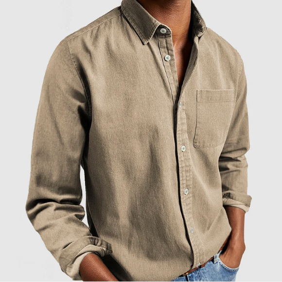 Camisa denim masculina manga longa com botões corte casual