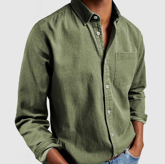 Camisa denim masculina manga longa com botões corte casual