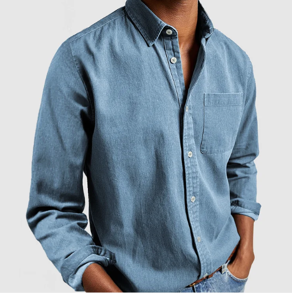 Camisa denim masculina manga longa com botões corte casual